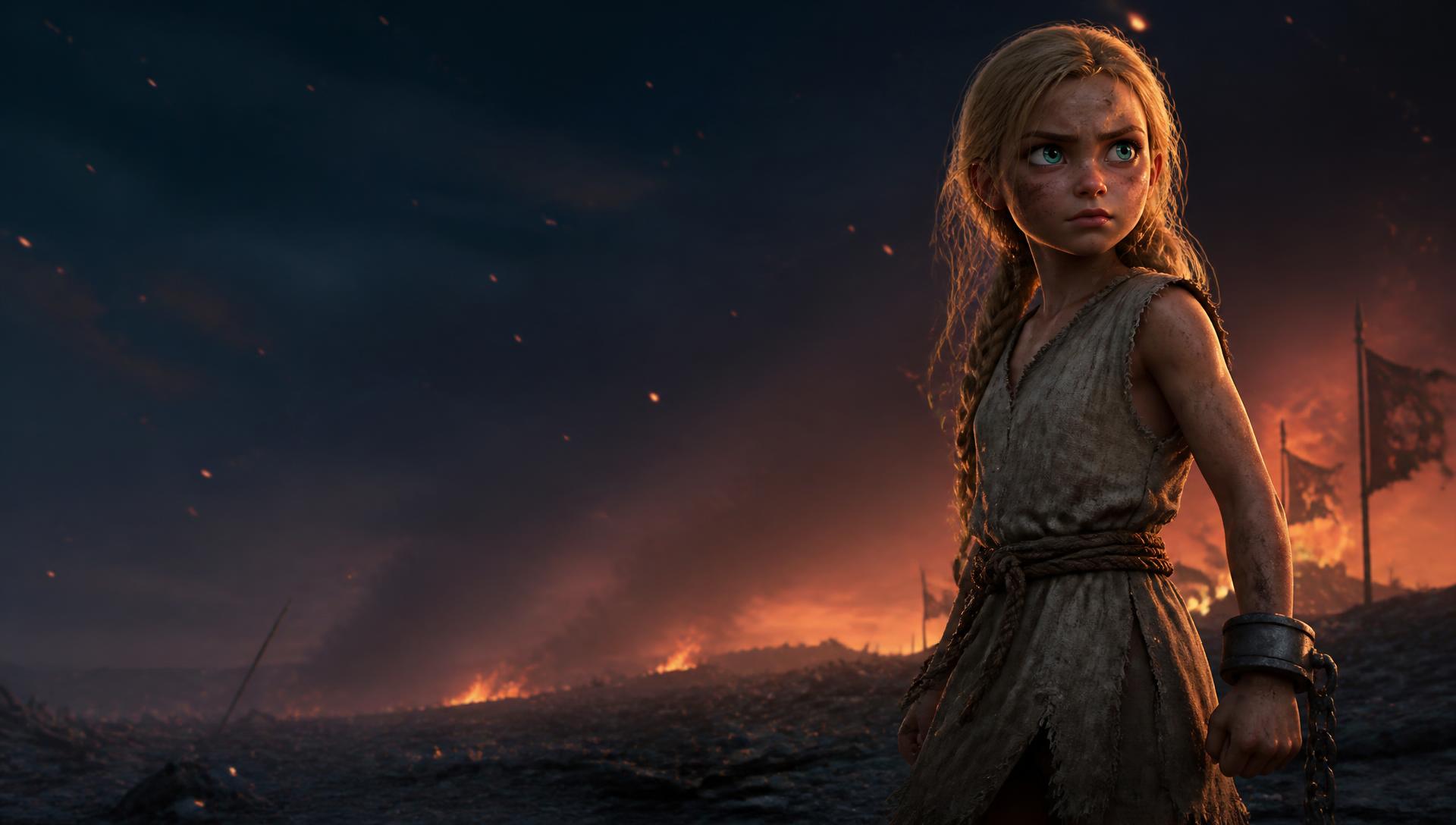 Blond girl with blue-green eyes in torn slave rags on the burning battlefields of Arcasia